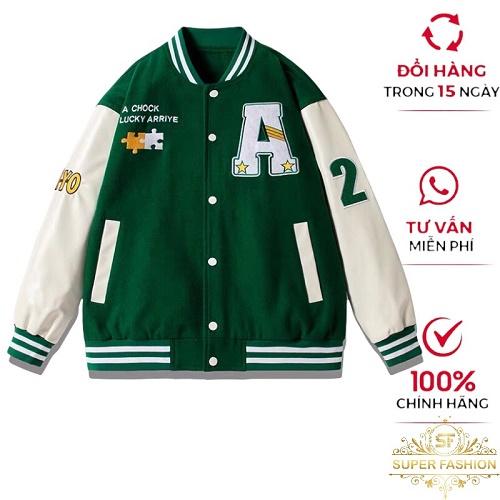Áo Khoác Bomber Super Fashion Nam Nữ Nỉ Ngoại Fom Rộng Dày Đẹp Thiêu Chữ A Phối Tay Trắng