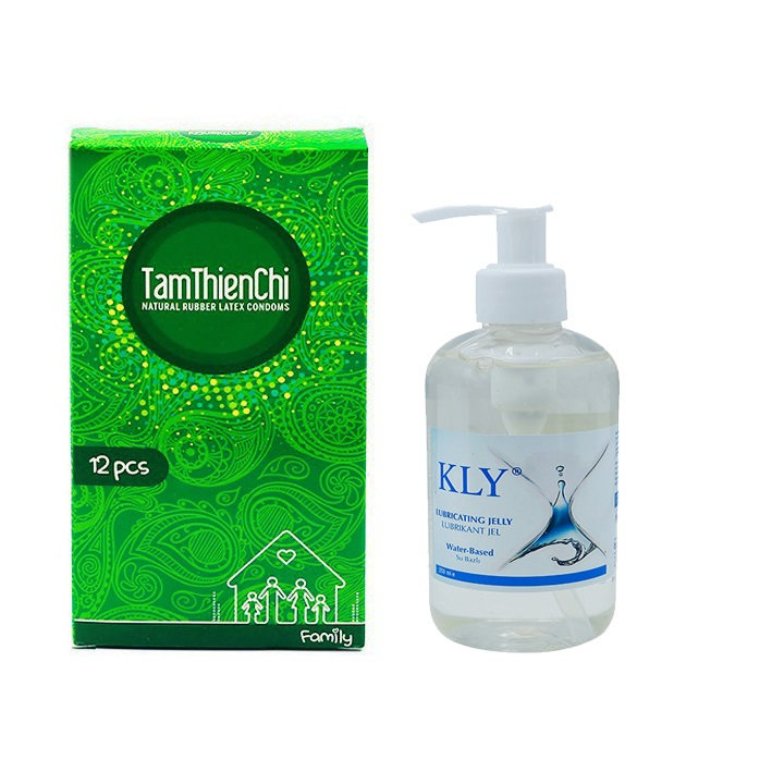 Combo Bao cao su Tâm Thiện Chí Family mỏng trơn (hộp 12 chiếc) và 1 chai gel KLY 250ml