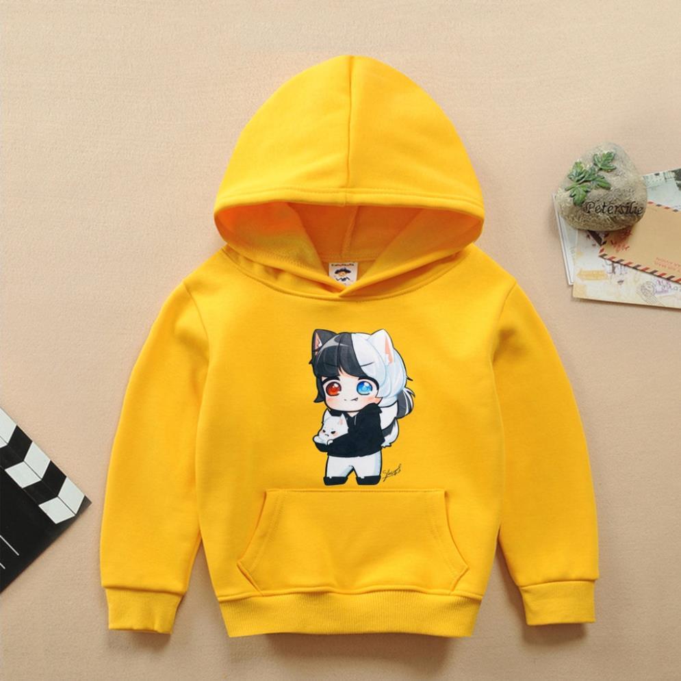 Áo hoodie màu vàng nỉ bông có mũ in hình hero team cho bé trai bé gái