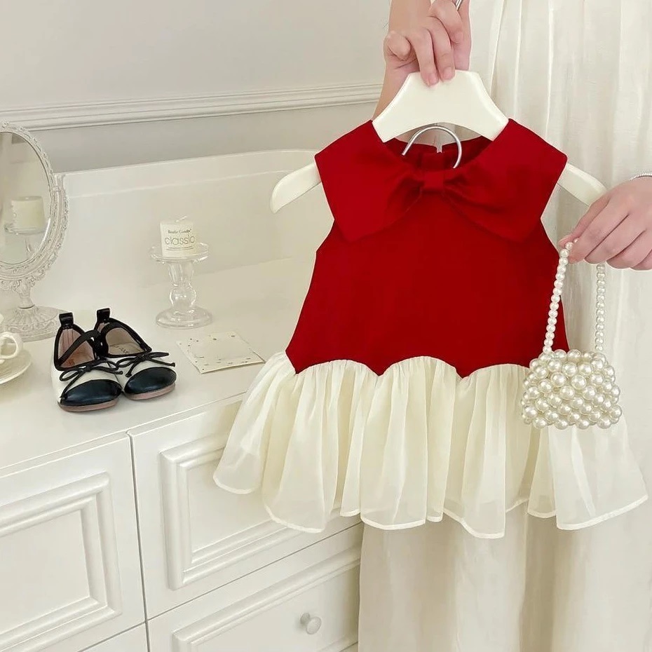 Đầm Xoè Bé Gái Tiểu Thư  Đầm Kate Cổ Nơ Phối Voan Sang Chảnh Từ 12-36kg Dành Cho Bé Gái