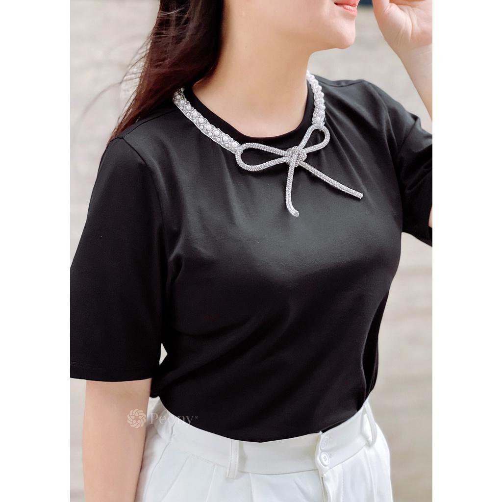 Áo thun kiểu đính nơ phụ kiện cao cấp, nữ tính, trendy, dáng rộng - Peony