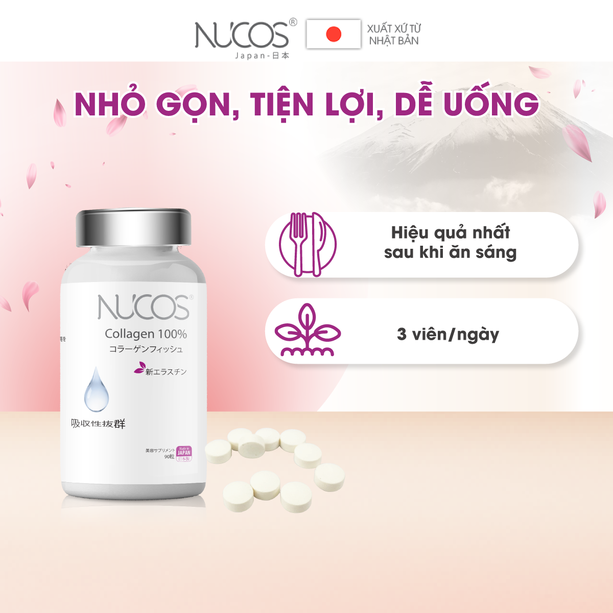 Viên uống collagen trẻ hóa da tăng đàn hồi Nucos collagen 100% 90 viên