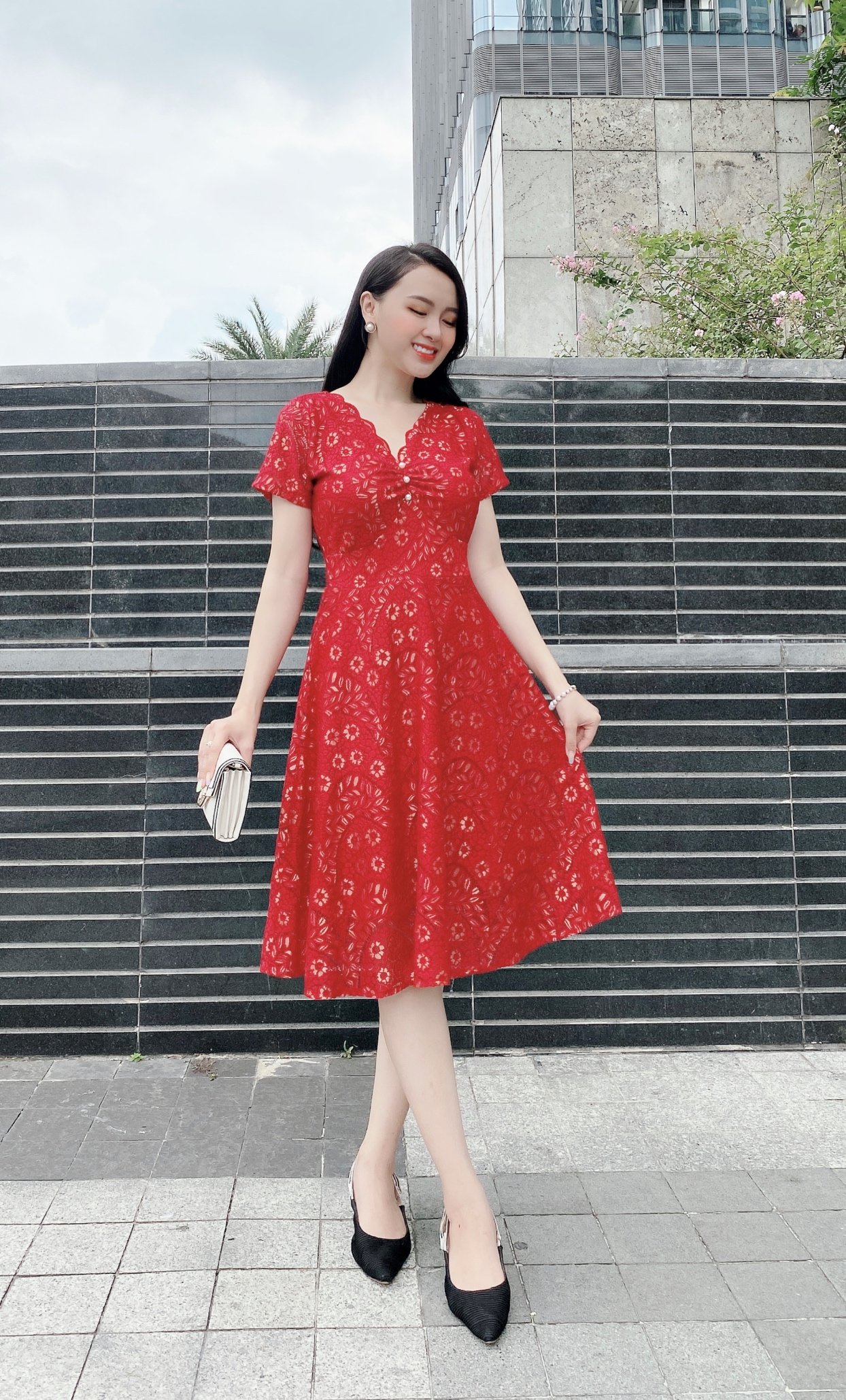ĐẦM REN CỔ V PHỐI NGỌC - DAM 0020