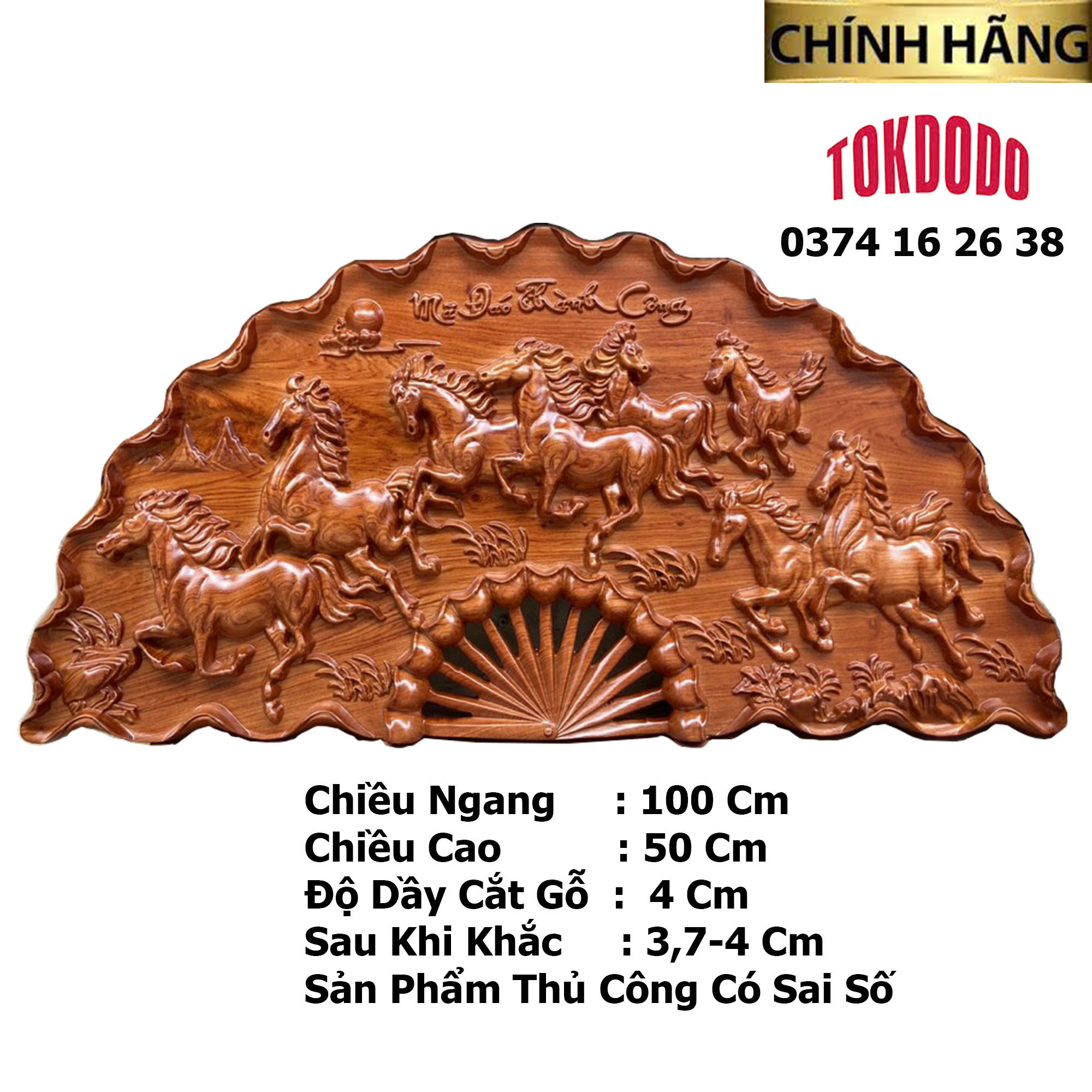 Tranh Quạt Khắc Mã Đáo Thành Công Bằng Gỗ Hương Đá Cao Cấp Thương Hiệu TOKDODO