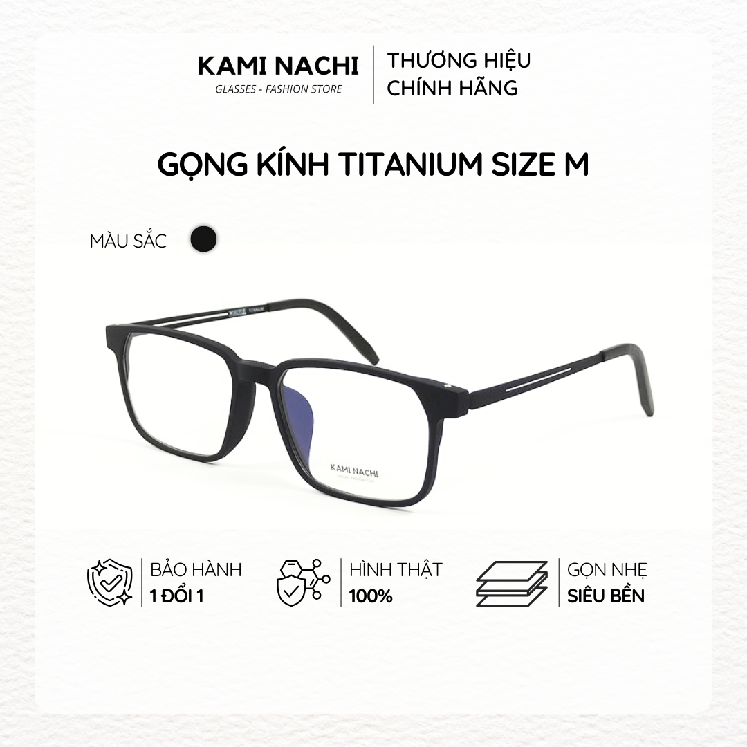 Gọng kính Titanium đen nhám dáng vuông thanh mảnh KAMI NACHI phong cách tối giản Size M