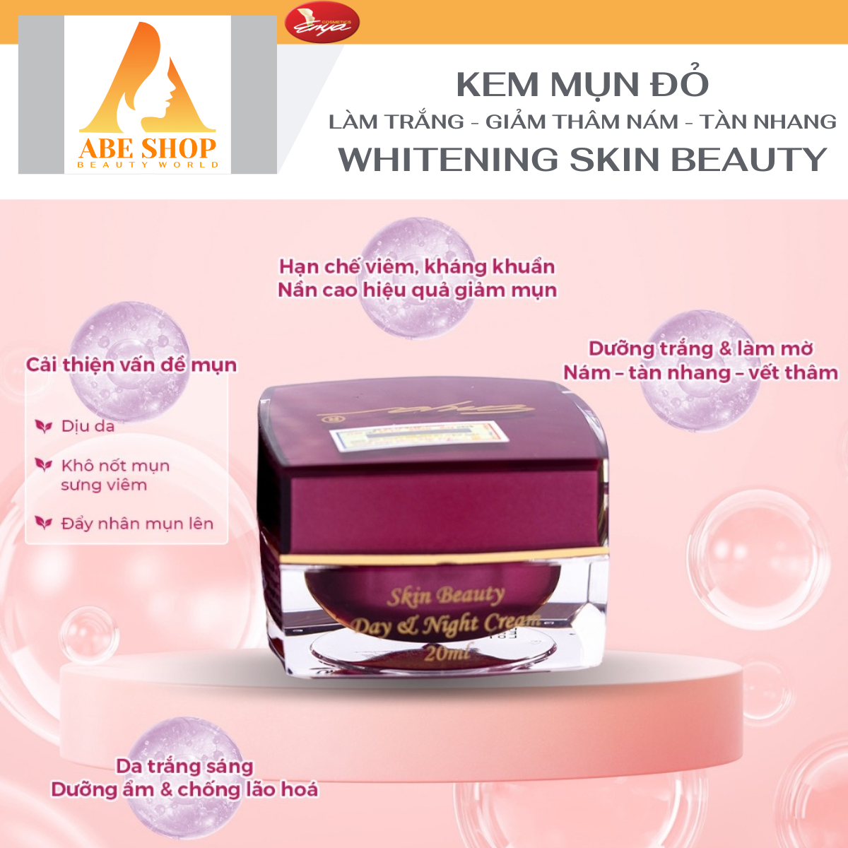 Kem ENYA ANTIRICH WHITENING CREAM REMOVE PIMPLES ACNES 20g - Giảm Mụn - Giảm Tác Nhân Gây Mụn - Dưỡng Trắng Da