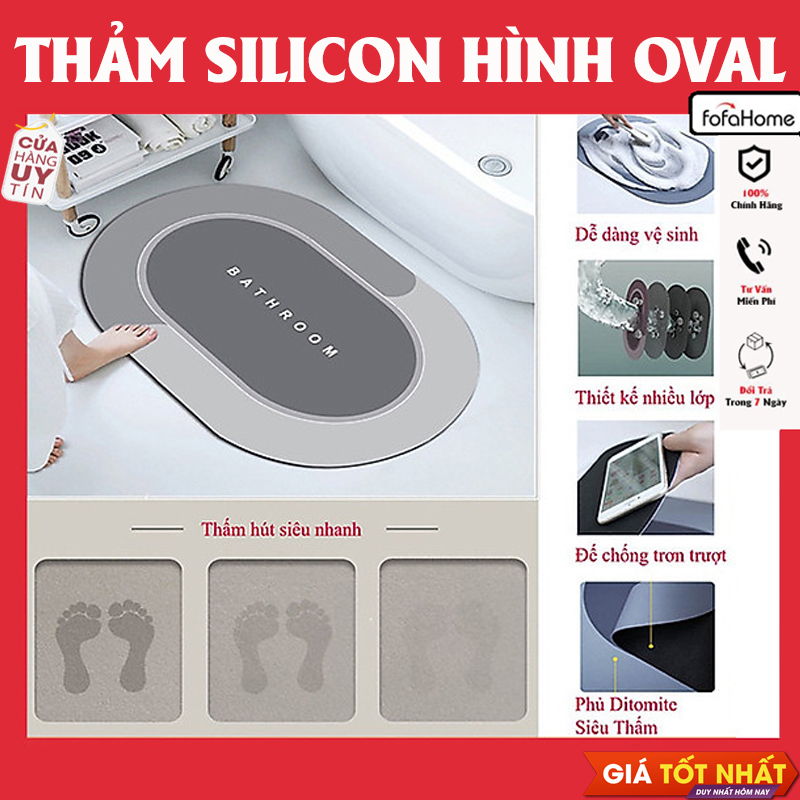 Thảm Lau Chân Silicon Bầu Dục Siêu Thấm Hút - Thảm Chùi Chân Oval Nhà Tắm Có Đế Silicon Chống Trơn Trượt Giao Màu Ngẫu Nhiên