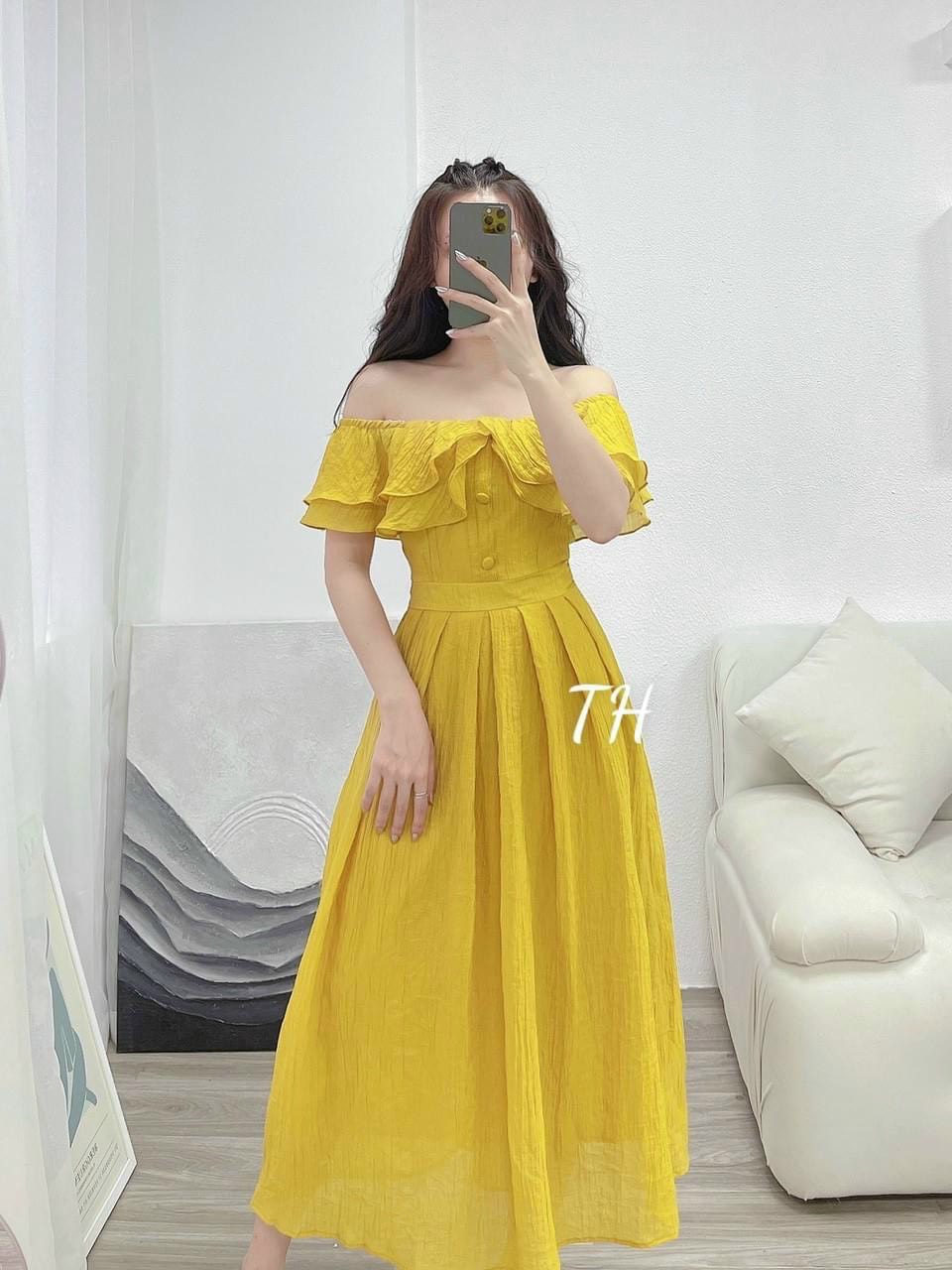 ĐẦM BẸT VAI XẾP BÈO NÚT BỌC 3 MÀU Y HÌNH