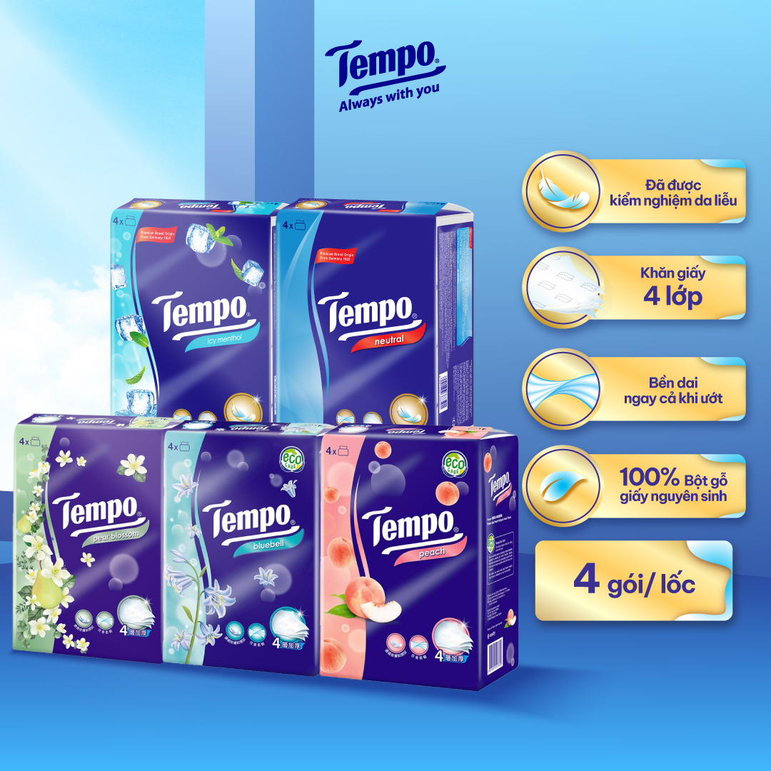 Lốc 4 Gói Khăn Giấy Cao Cấp Tempo Softpack Không Mùi, 4 Lớp, Không Gây Kích Ứng Da (90 Tờ/ Gói) - Thương Hiệu Đức