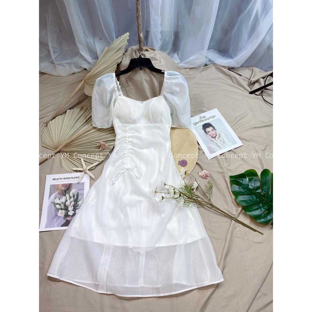 Đầm Dự Tiệc Tay Phồng Rút Dây Hông