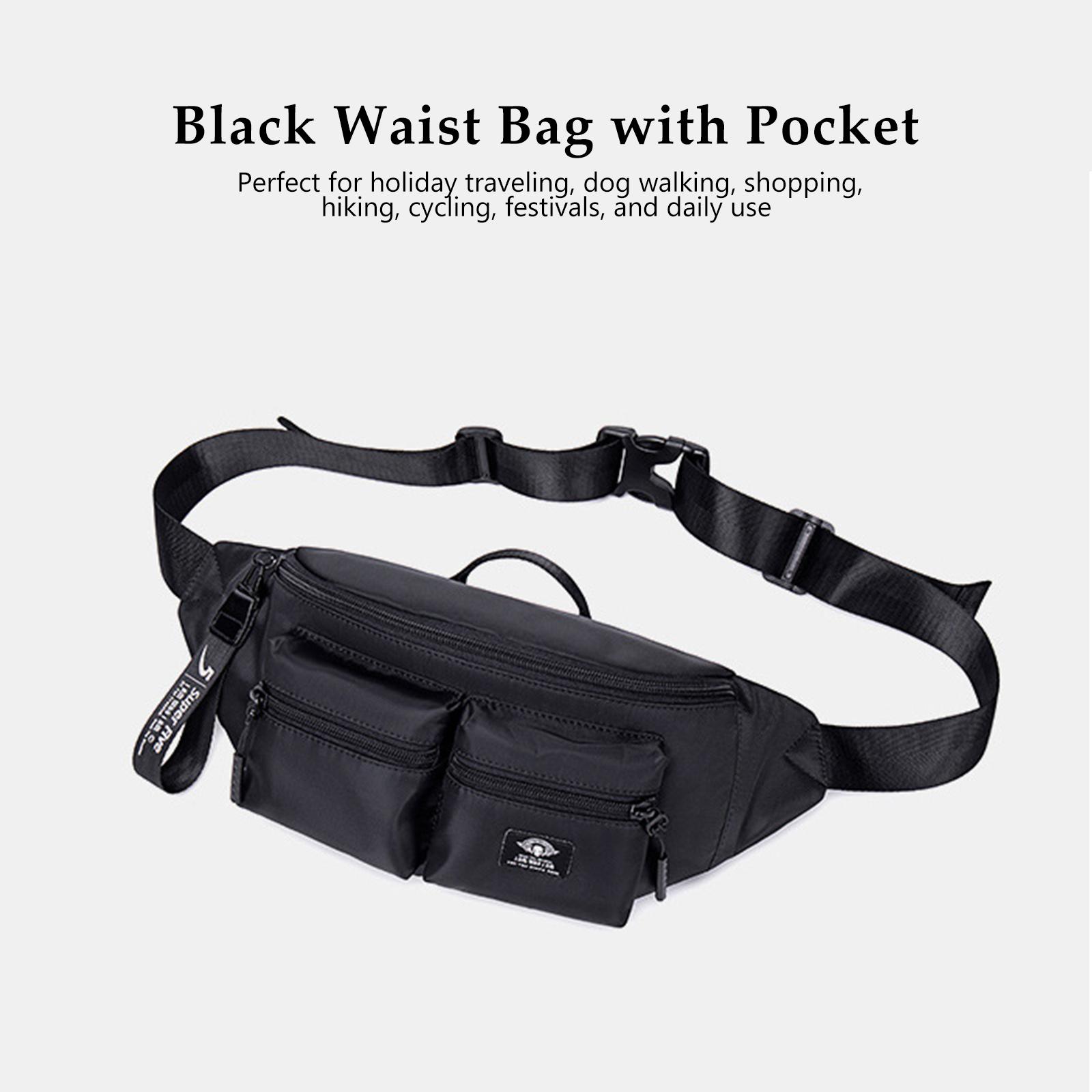 Women Men Black Waist Bag with Pocket Zip Adjustable Strap Multipurpose Belt Bag Shoulder Bag