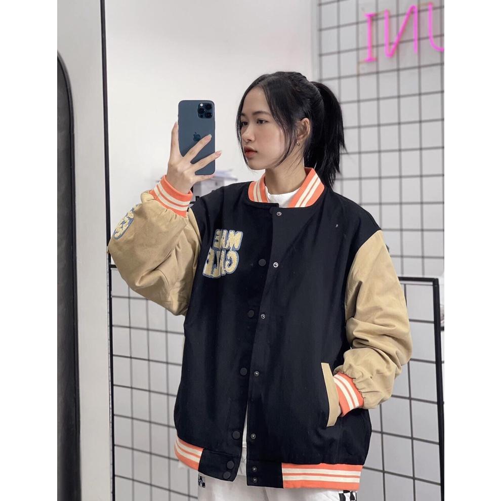 Áo Khoác Bomber Varsity Nữ - Jacket Nỉ Dáng Rộng Unisex Tay Bồng Màu Nâu Tây Phong Cách Hàn Quốc