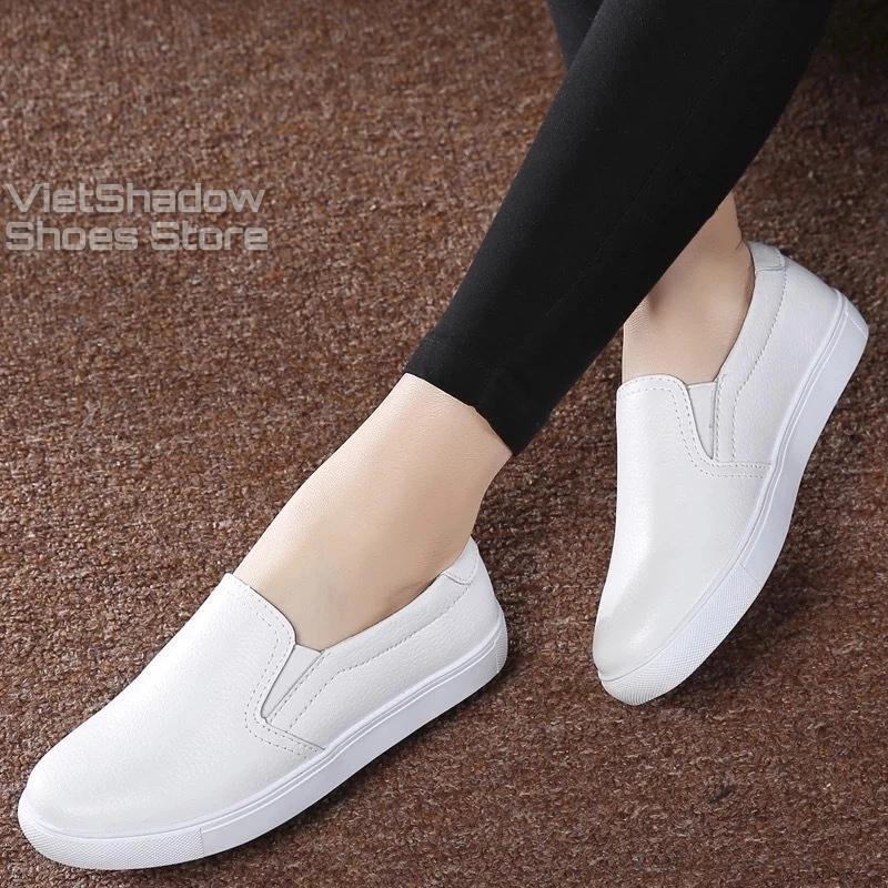 Slip on nữ da bò - Giày lười da nữ dáng classic - Chất liệu bò màu (đen) và (trắng) - Mã SP 301