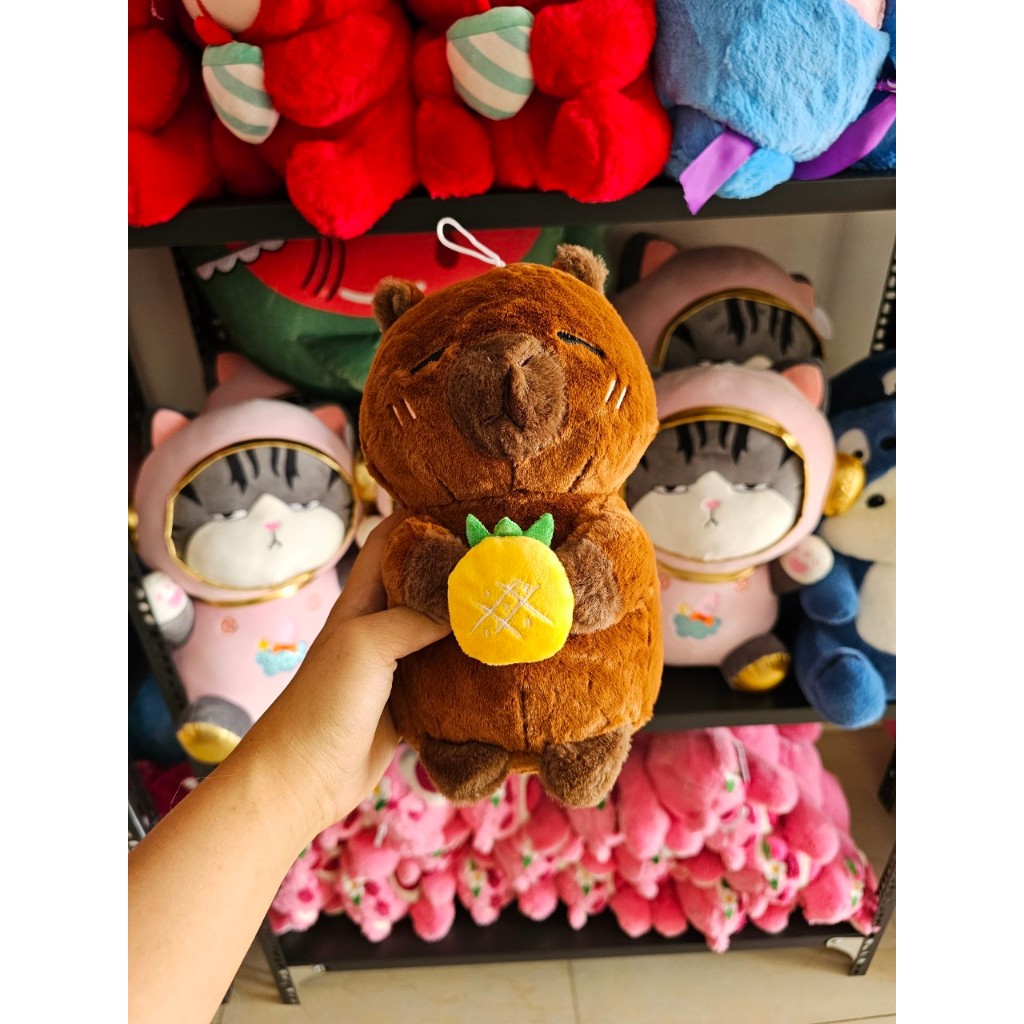 Thú nhồi bông Capybara ôm quả dâu, bí đỏ, dứa đáng yêu - Size 22cm - Quà tặng gấu bông chuột lang ôm trái cây mềm mịn