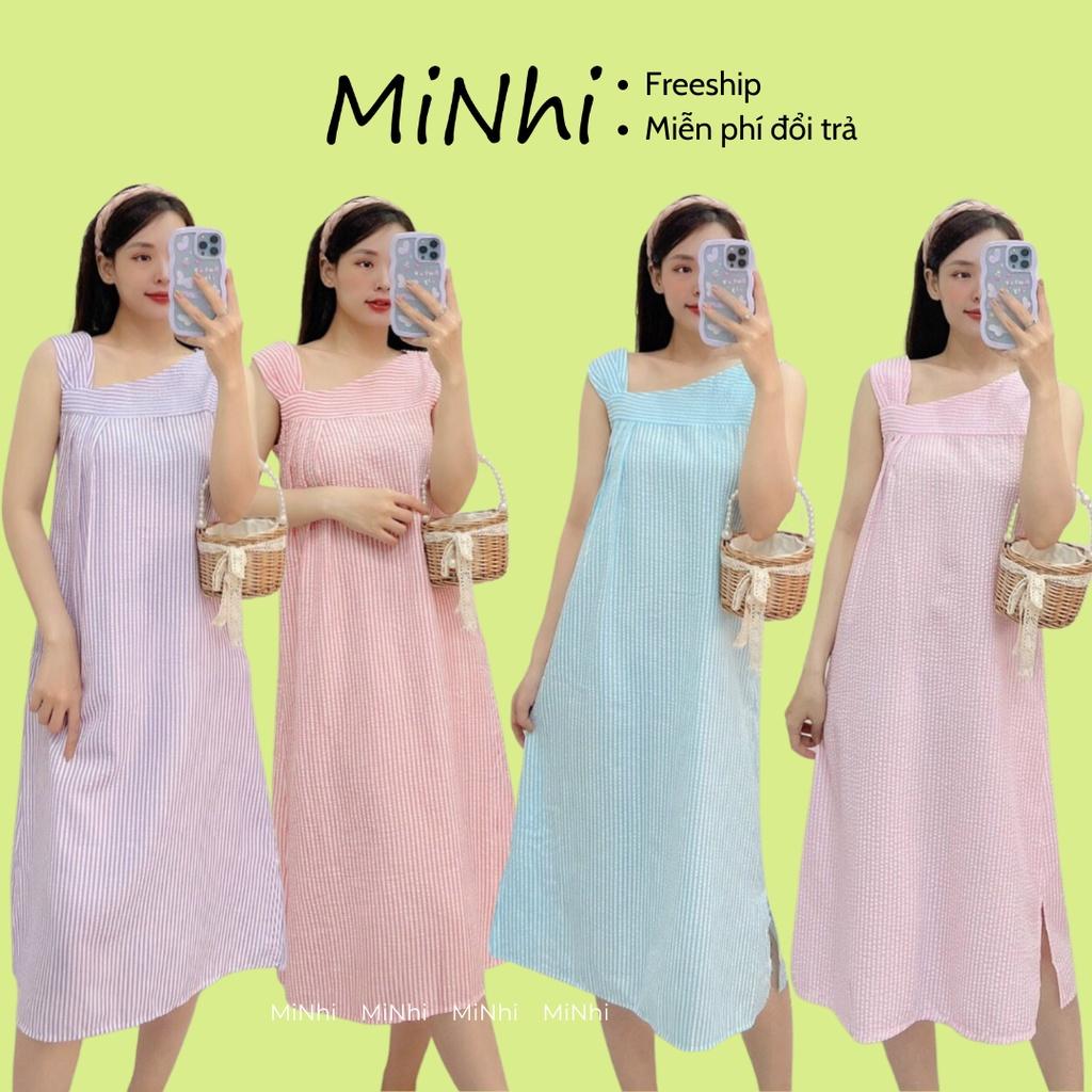Đầm caro chéo vai, Váy caro lệch vai màu hồng Cao Cấp xẻ tà dáng suông sát nách, nữ tính quyến rũ MiNhi