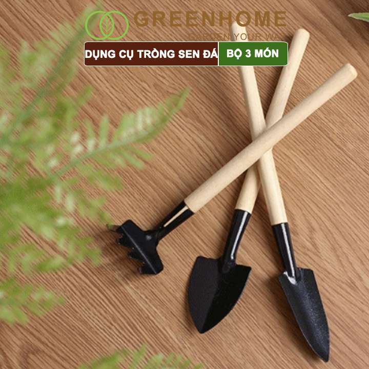 Dụng cụ làm vườn mini, 3 món, tiện lợi, chuyên dụng trồng Sen đá, cán gỗ |Greenhome