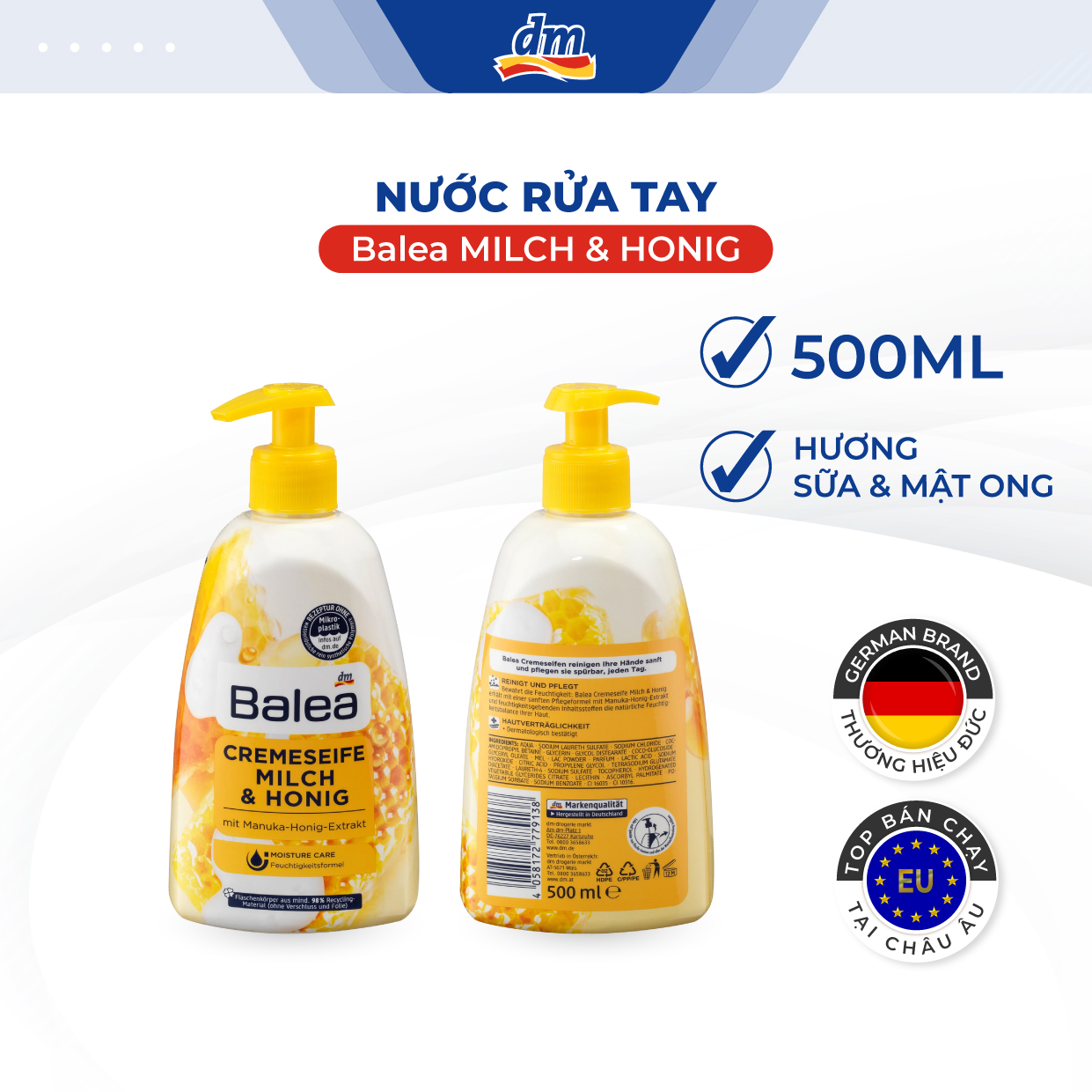 Xà phòng rửa tay Balea tinh chất mật ong và sữa, dưỡng ẩm da, chai dung tích 500ml - hàng nhập khẩu Đức