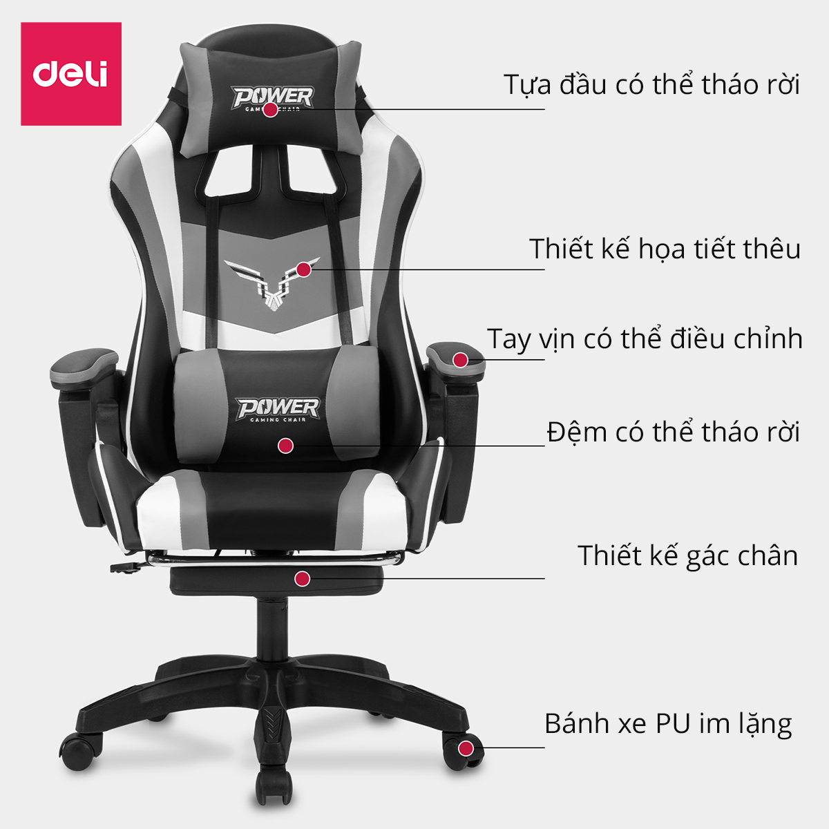 Ghế Gaming Chơi Game Deli - Bọc Da Cao Cấp - Có Gác Chân Thông Minh - Phù Hợp Game Thủ Văn Phòng Làm Việc Học Sinh Gối Tựa Lưng - Hàng Chính Hãng - E4927