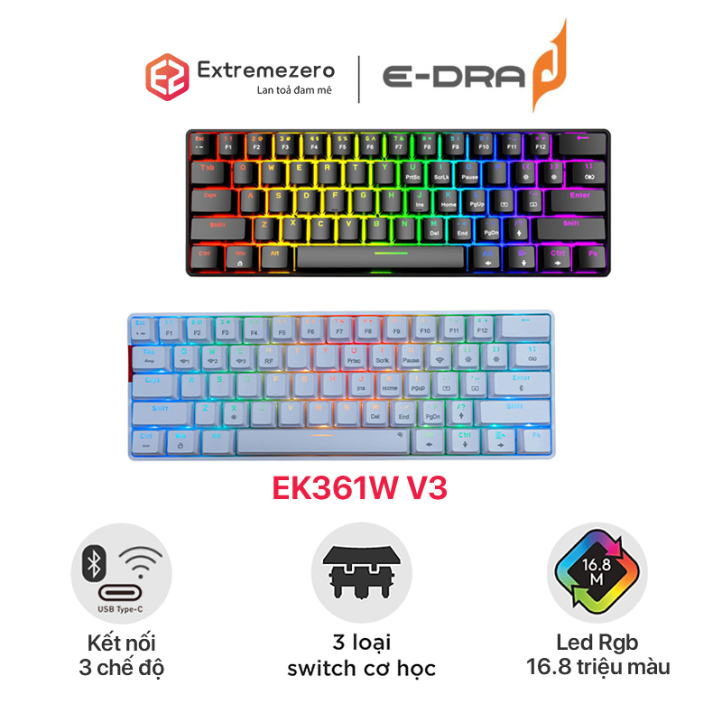 Bàn phím cơ chơi game không dây E-Dra EK361W V3 - Led Rgb - Kết nối Wired /2.4Ghz /Bluetooth - Pin 1200 mAh - Hàng chính hãng