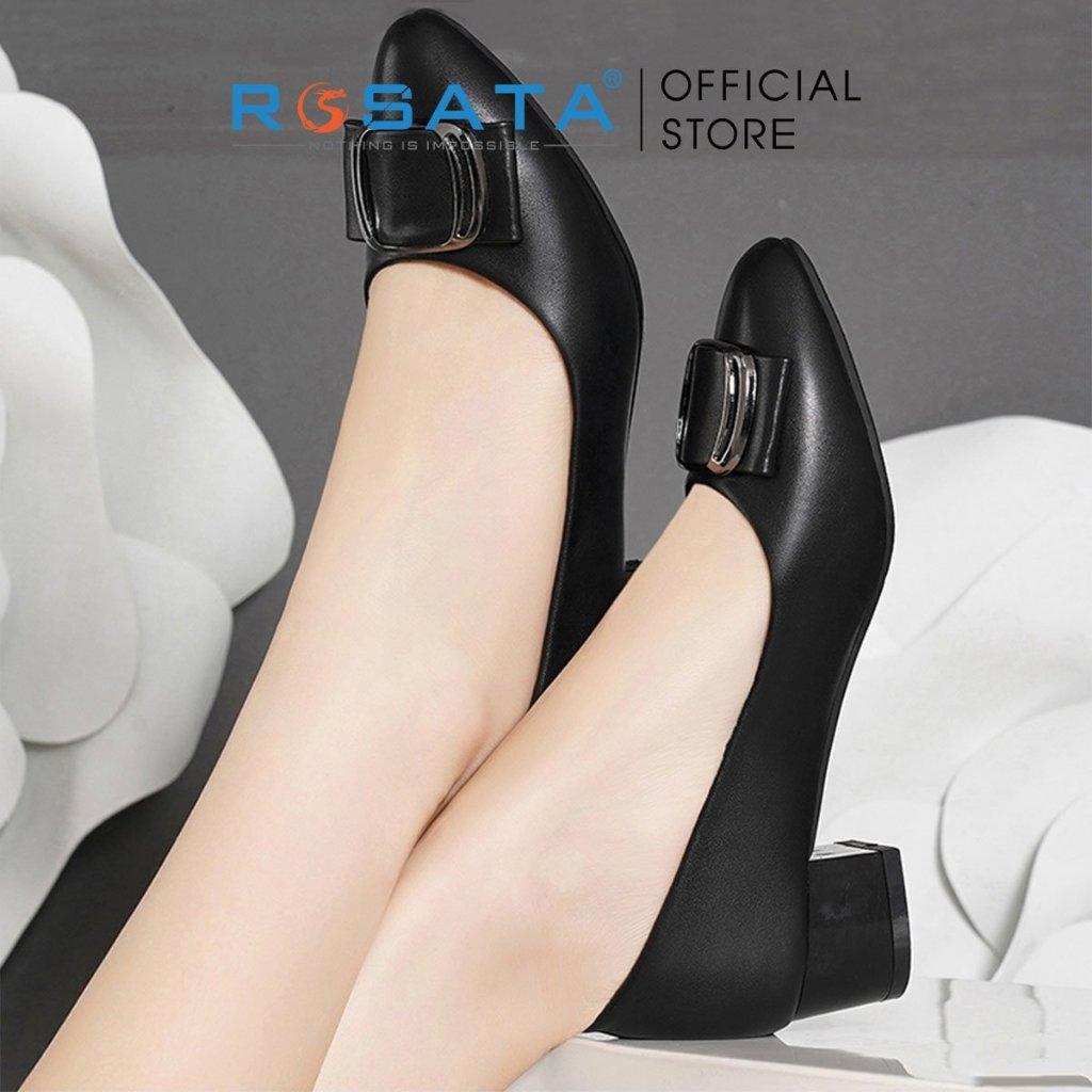 Giày búp bê ROSATA RO363 mũi nhọn đính nơ xỏ chân êm ái gót đế vuông 4 phân xuất xứ Việt Nam - KEM