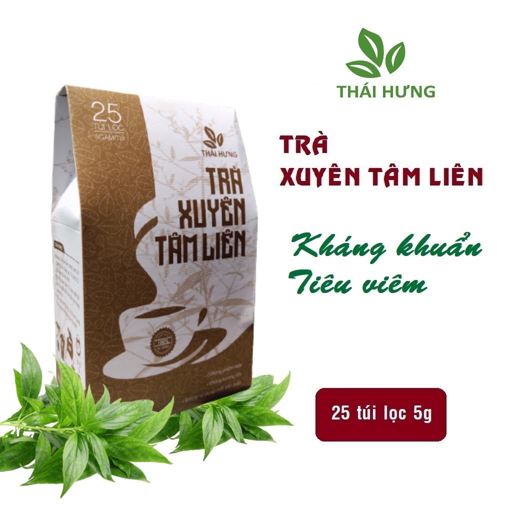 Trà Xuyên Tâm Liên THÁI HƯNG – hộp 25 túi lọc 5g – giúp  giảm ho, giảm sốt, tăng cường đề kháng, tăng cường miễn dịch, kháng khuẩn, chống viêm, thanh nhiệt, tiêu độc, hỗ trợ phòng ngừa các vấn đề về hô hấp do vi khuẩn, virut