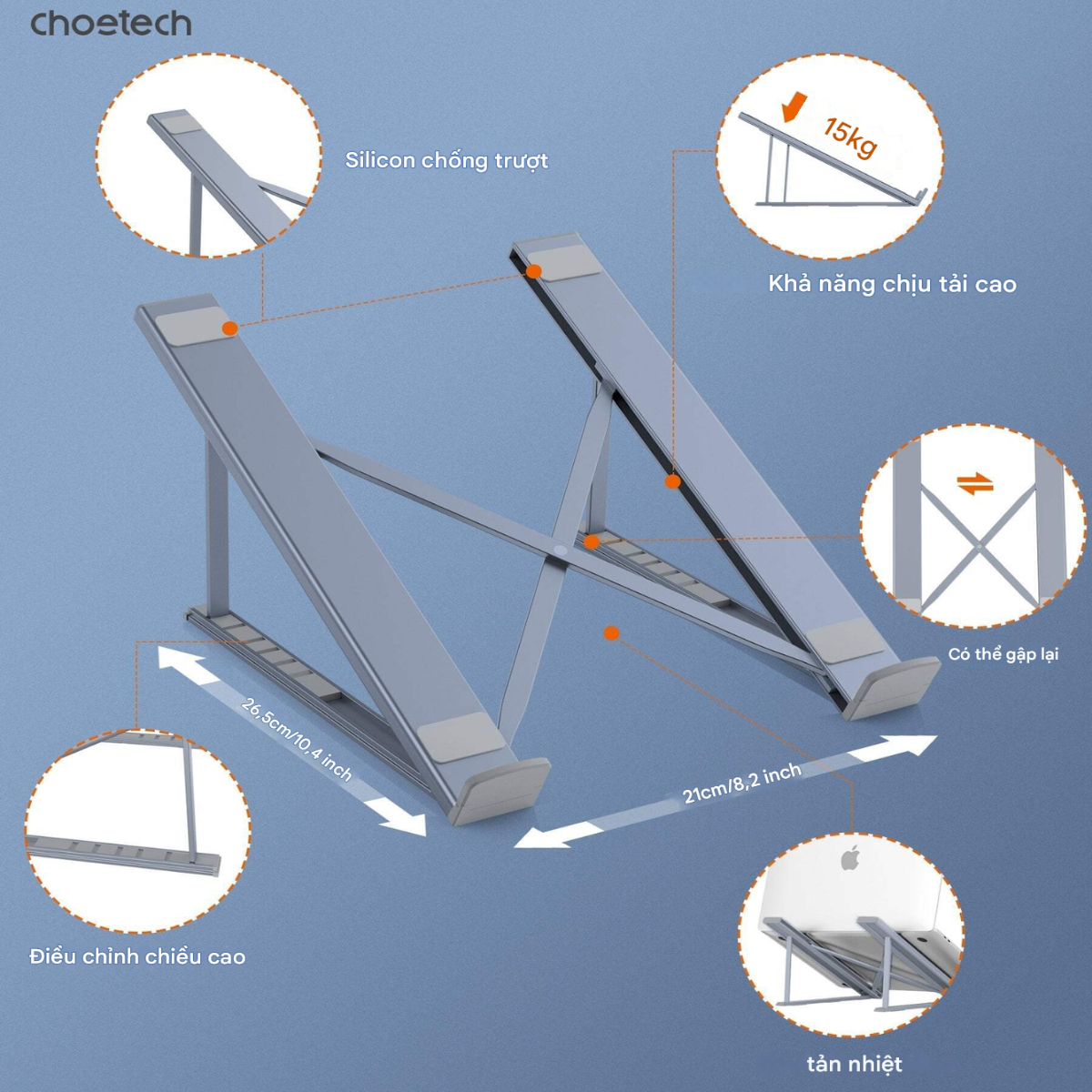 Giá đỡ laptop tản nhiệt gấp gọn Choetech H055 cho máy từ 9' đến 17' inch - Hàng chính hãng