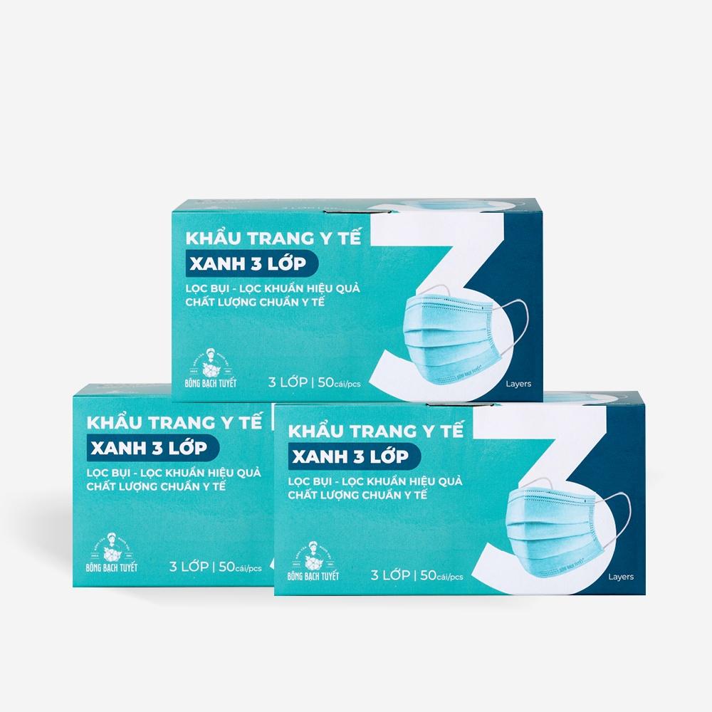 Combo 3 Hộp Khẩu trang Bông Bạch Tuyết 3 lớp xanh