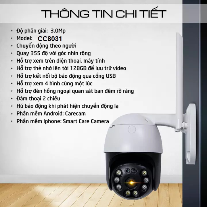 Camera Wifi Ngoài Trời CareCam CC8031 - 3.0Mpx (2304x1296P), Xoay 360 Độ, Đàm Thoại 2 Chiều - Hàng chính hãng