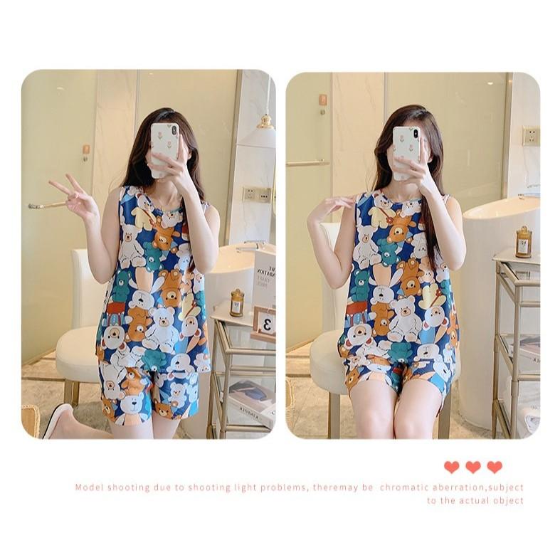 Bộ đồ mặc ở nhà dành cho nữ, bộ áo ba lỗ và quần đùi vải lanh mềm mát, họa tiết trẻ trung, size từ 45 - 75 kg (kiểu 1) - Mẫu 15