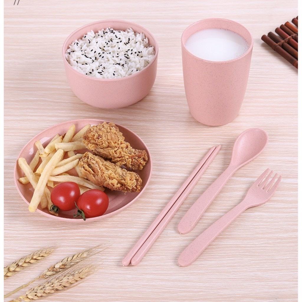 Bộ Tô (Bát) Chén Muỗng Đĩa Nĩa Đũa Dĩa Ly Bằng Lúa Mạch Màu Pastel - Combo 6 Món - HÀNG CÓ SẴN