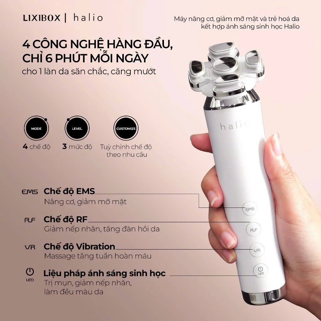 Máy Nâng Cơ Mặt &amp; Trẻ Hoá Da kết hợp Ánh Sáng Sinh Học Halio RevitaWave Skin Rejuvenator - Hàng Chính Hãng