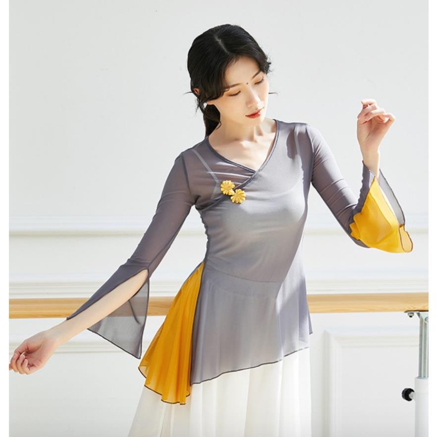 Áo lưới tập múa cổ trang, tập yoga tay loe xẻ, vạt chéo phối màu A128
