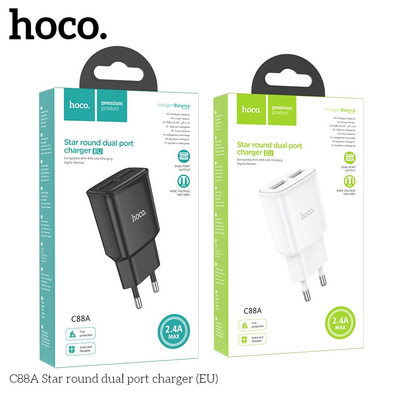 Cóc Sạc 2 Cổng USB Dành Cho Hoco C88A Dòng 2.4A Chân Cắm Eu Hàng Chính Hãng