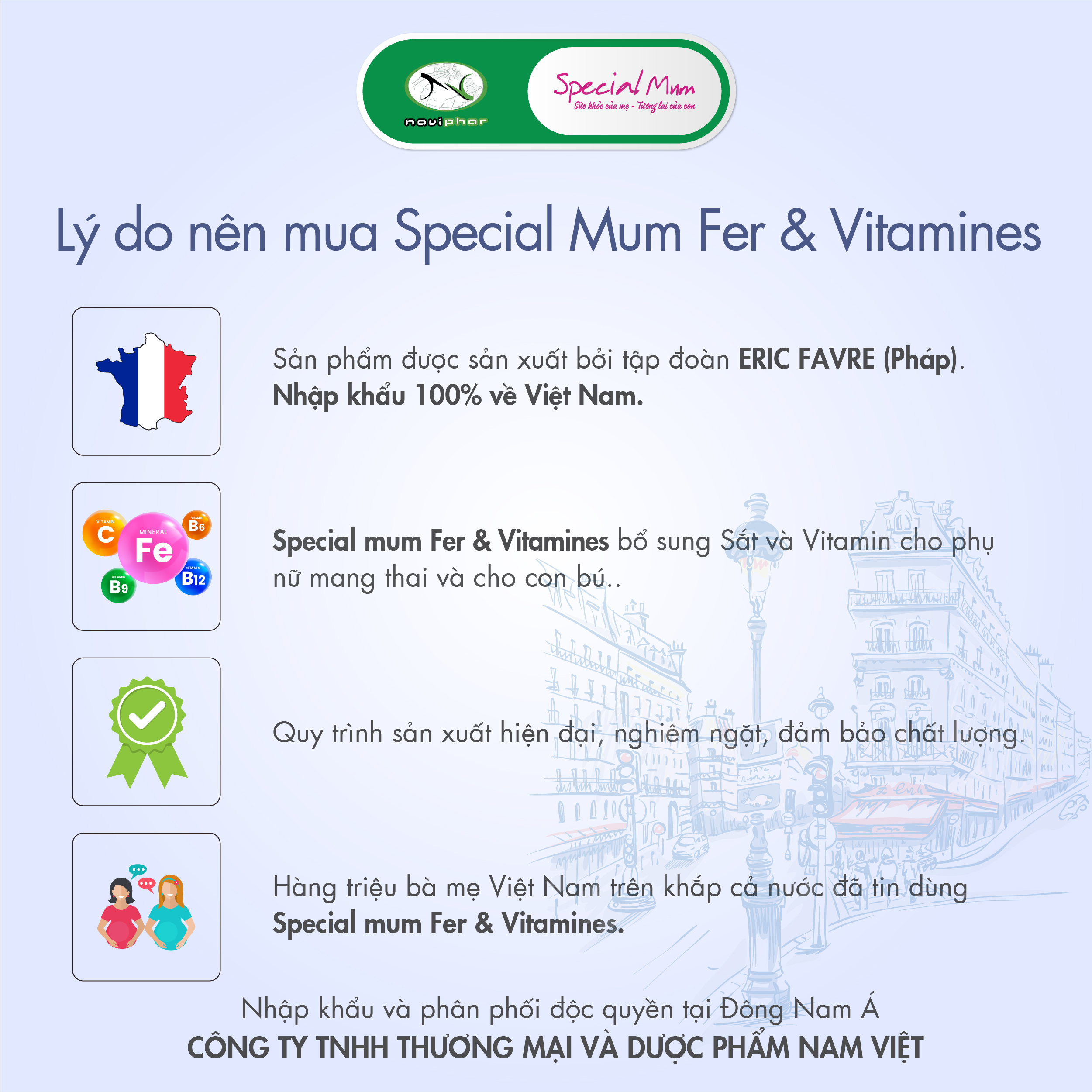 TPBVSK Special Mum Fer & Vitamines - Bổ sung sắt và vitamins cho phụ nữ mang thai cho con bú (20 gói) [Nhập khẩu Pháp]