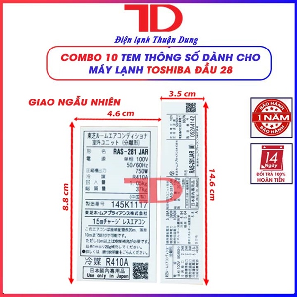 Tem thông số dành cho máy lạnh TOSHIBA nội địa 281UR