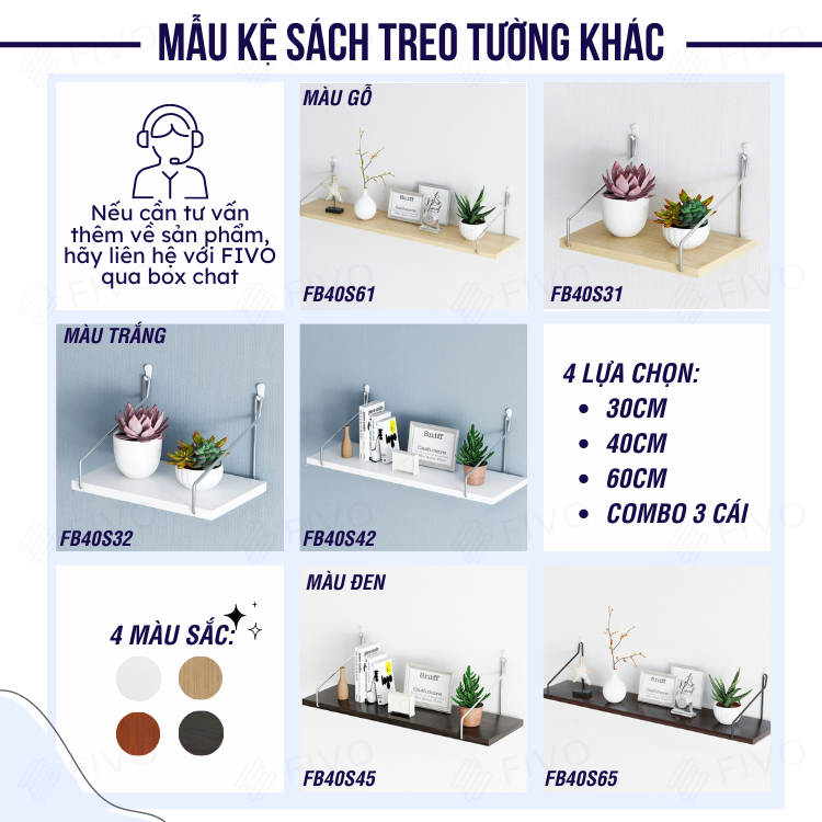 Kệ Gỗ Chống Ẩm Treo Tường Trang Trí FIVO Mã FB41 Dày 17mm Âm Tường Tiết Kiệm Diện Tích