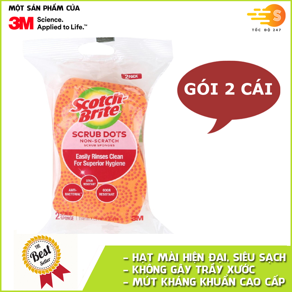 Combo 2 Miếng rửa chén hạt nổi không trầy xước Scotch-Brite 3M đa năng, mút kháng khuẩn, không bám cặn màu cam