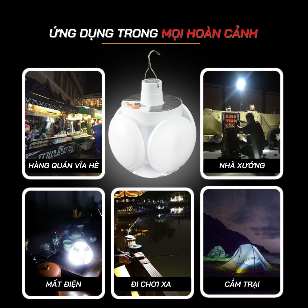 Bóng Đèn led tích điện năng lượng mặt trời 4 cánh 5 bóng hình trái banh, ánh sáng trắng, trang trí cây sân vườn, đèn dự phòng lúc cúp điện, đi chơi, cắm trại, picnic