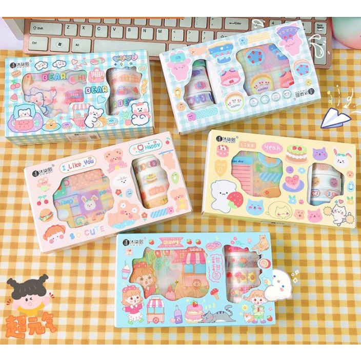 Hộp 5 cuộn Washi và 9 miếng sticker dễ thương