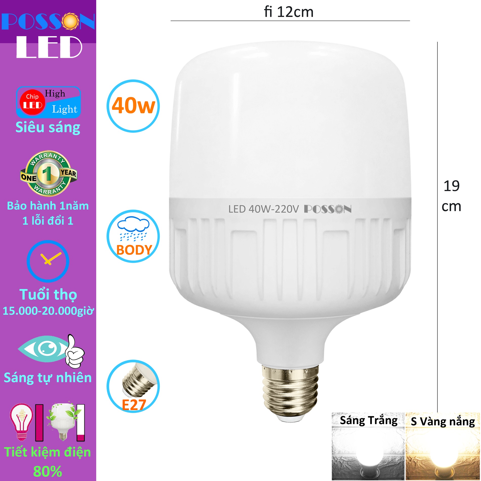 Sỉ 30 Bóng đèn Led trụ 40w bup trụ T120 bulb siêu sáng tiết kiệm điện kín chống nước mưa Posson LC-40x