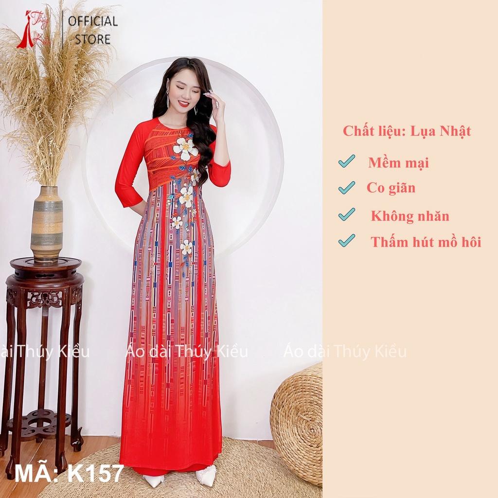 Áo dài nữ cách tân may sẵn thiết kế truyền thống tết nền đỏ cam thổ cẩm K157 mềm mại, co giãn, áo dài giá rẻ