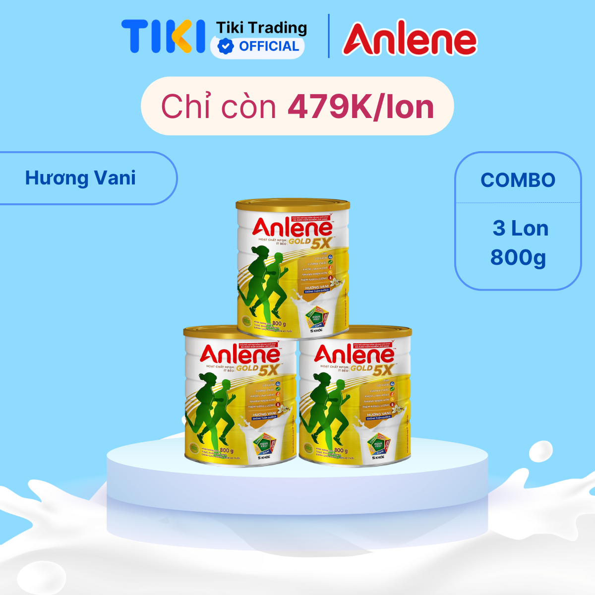 Combo 3 Sữa Bột Anlene Gold 5X Hương Vanilla (Hộp Thiếc 800g)