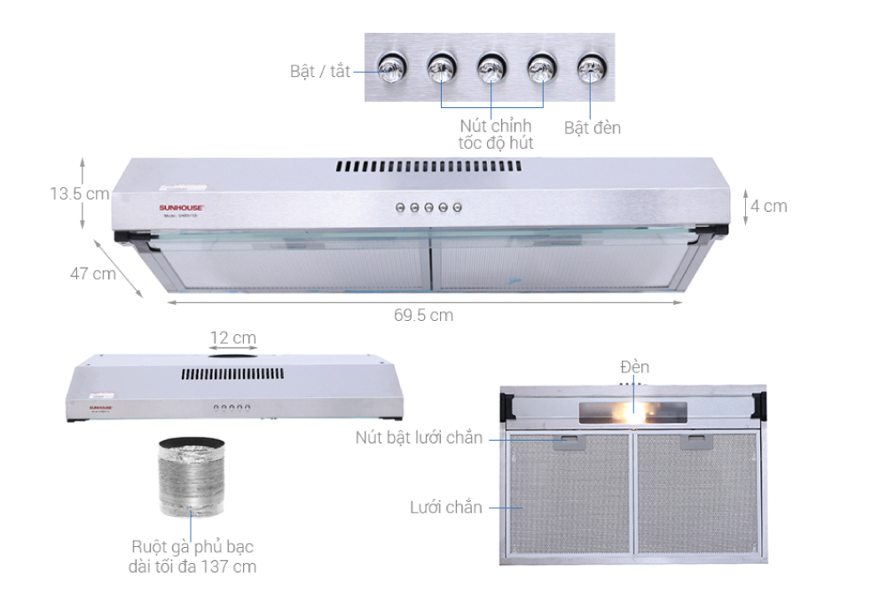 Máy Hút Mùi Vỏ Inox Sunhouse SHB 6118I - Hàng chính hãng