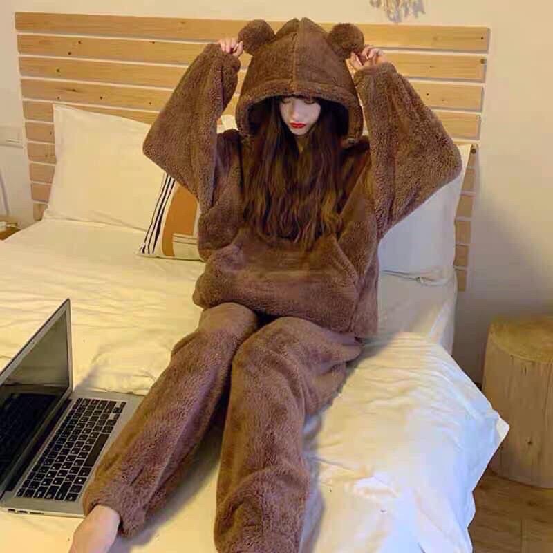 Bộ đồ ngủ lông cừu nữ tai gấu túi trước siêu ấm áp, Đồ bộ mặc nhà nữ áo hoodie siêu sinh nhiệt bất chấp rét đại hàn