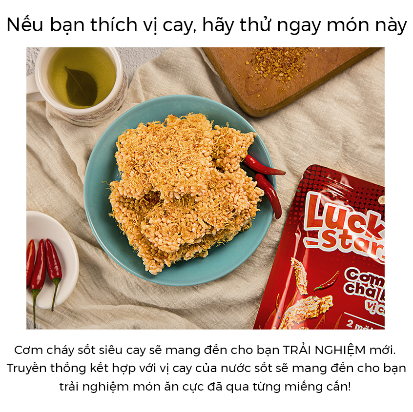 Cơm cháy chà bông cay Lucky Star gói 50g nước sốt siêu cay đậm vị đồ ăn vặt dinh dưỡng Việt Nam đảm bảo ATTP