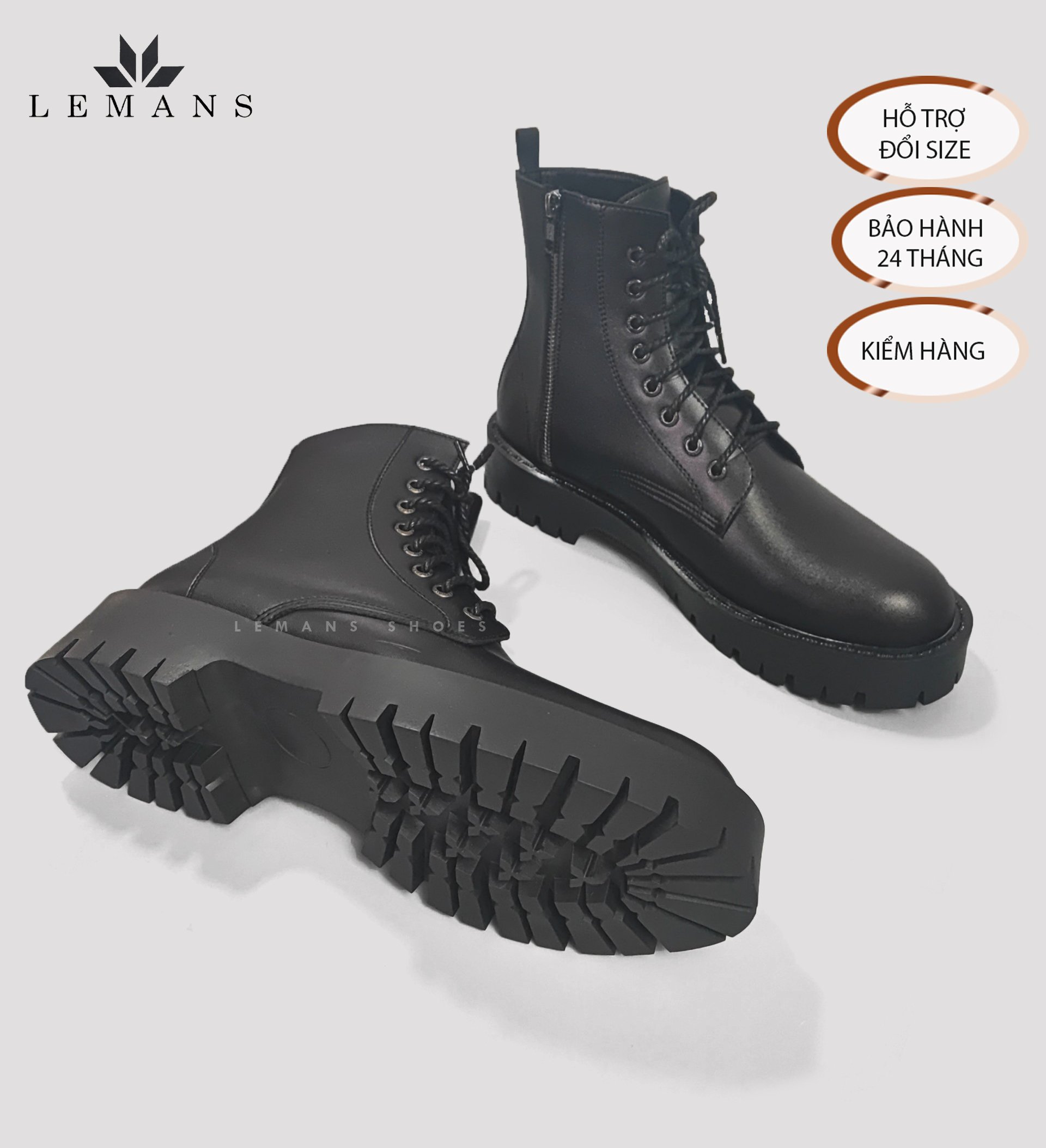 [CHUNKY COMBAT] Boots LEMANS nam - Da bò nguyên tấm - Đế Chunky cao su đúc nguyên khối - Bảo hành 12 tháng