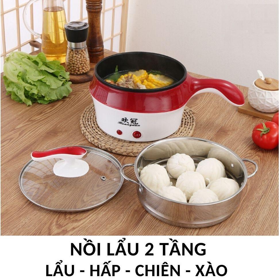 Nồi Điện Mini Hai Tầng Chống Dính Đa Năng Kèm Khay Hấp - Ca Nấu Lẩu Mini Có Thể Chiên, Xào, Nấu Cơm, Nấu Mỳ