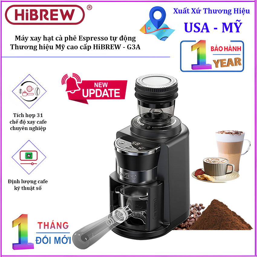 Máy xay hạt cà phê Espresso tự động, tích hợp 31 chế độ xay. Thương hiệu Mỹ cao cấp HiBREW - G3A. HÀNG CHÍNH HÃNG