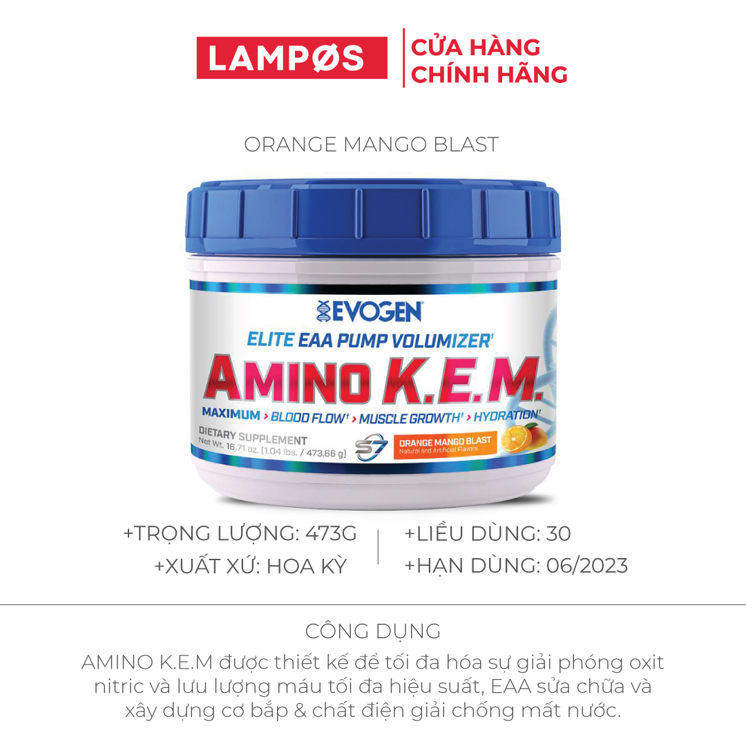 Evogen AMINO K.E.M Intra-Workout, EAA + BCAA, Phục Hồi &amp; Xây Dựng Cơ Bắp, Sức Mạnh, Sức Bền, Bổ Sung 8.5G Amino Axit Thiết Yếu + 50G S7 + 2G Chất Điện Giải, Hộp 30 Lần Dùng