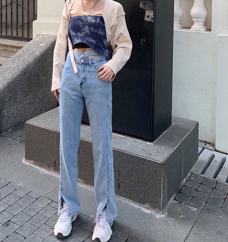Quần Jeans ống rộng cạp cao cao cấp cho Nữ